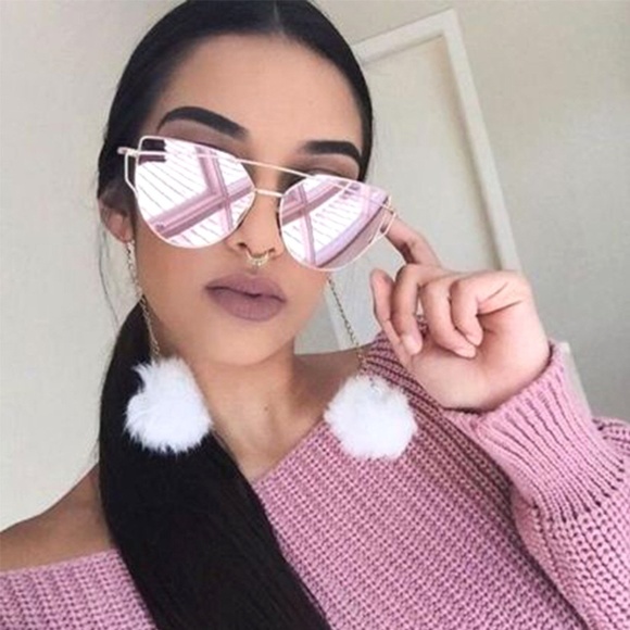 Accessories - Oversized Cat Eye Sunglasses Flat Lens Pink Gold